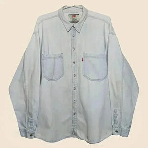 Vintage Red Tab Levis Light Wash Distress Worn In Button Down Fall Shirt Size XL